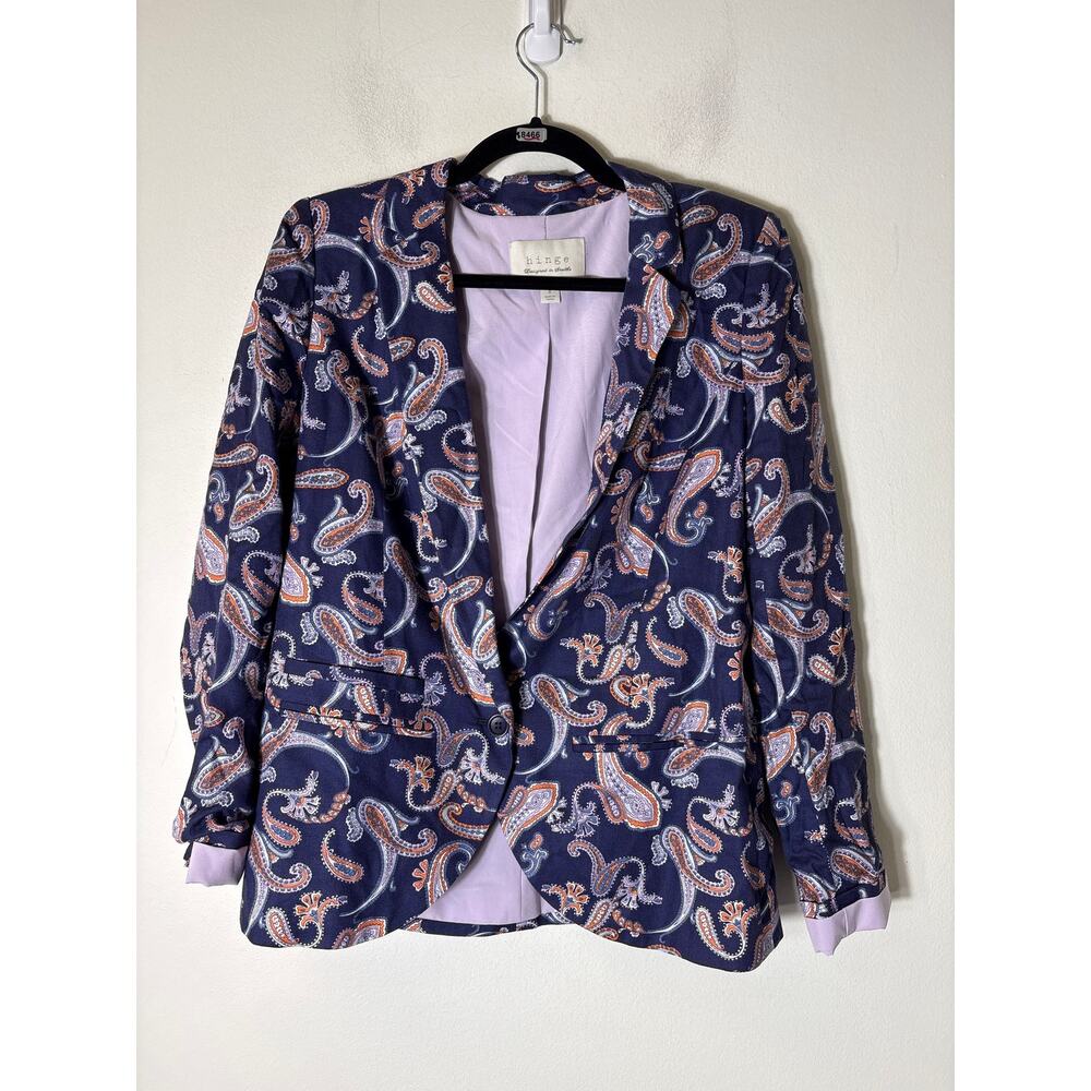 Hinge Navy Blue Orange Paisley One Button Long Sleeve Blazer Sz S